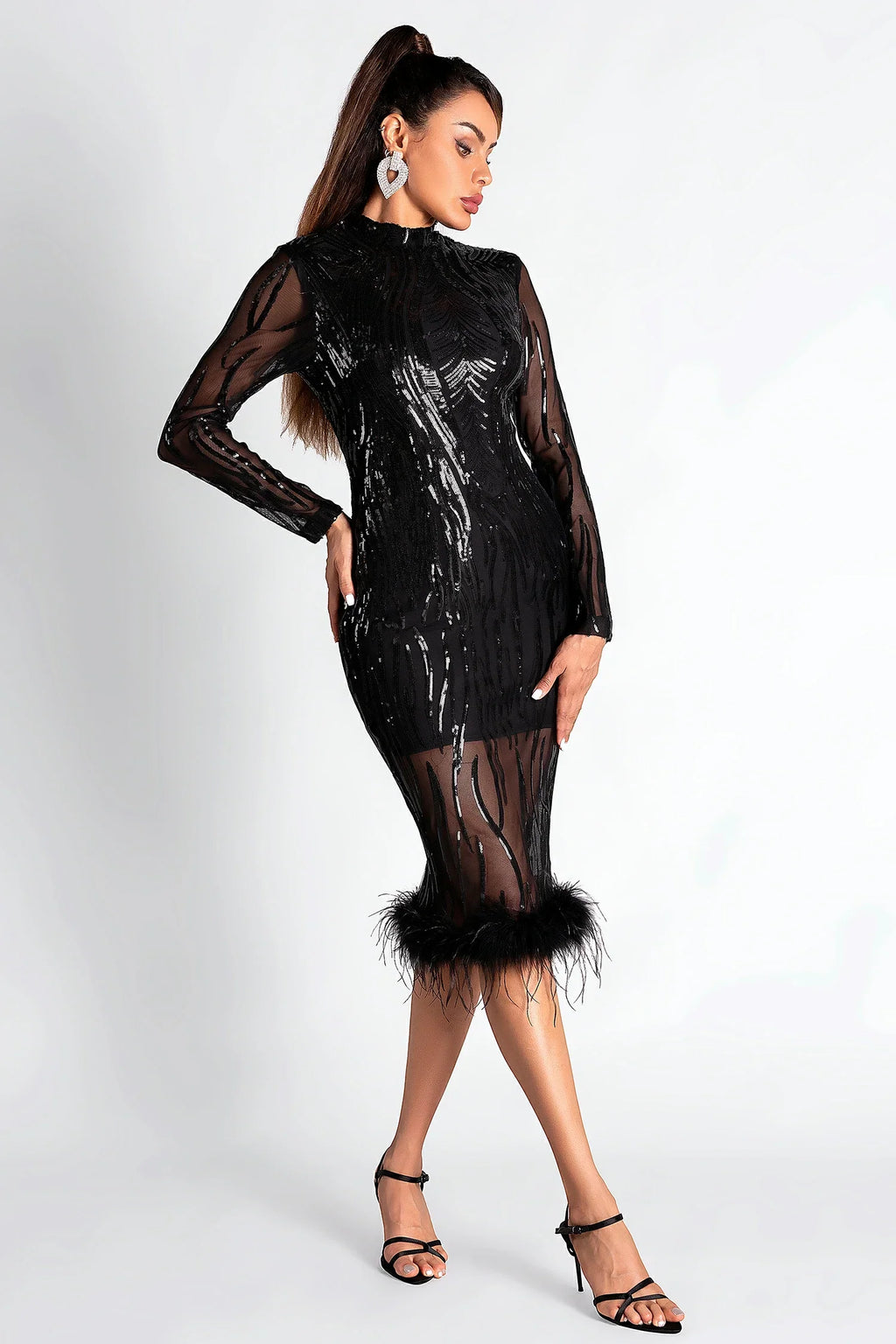 Flowering Girl Women Smendes Sequin Mesh Feather Dress