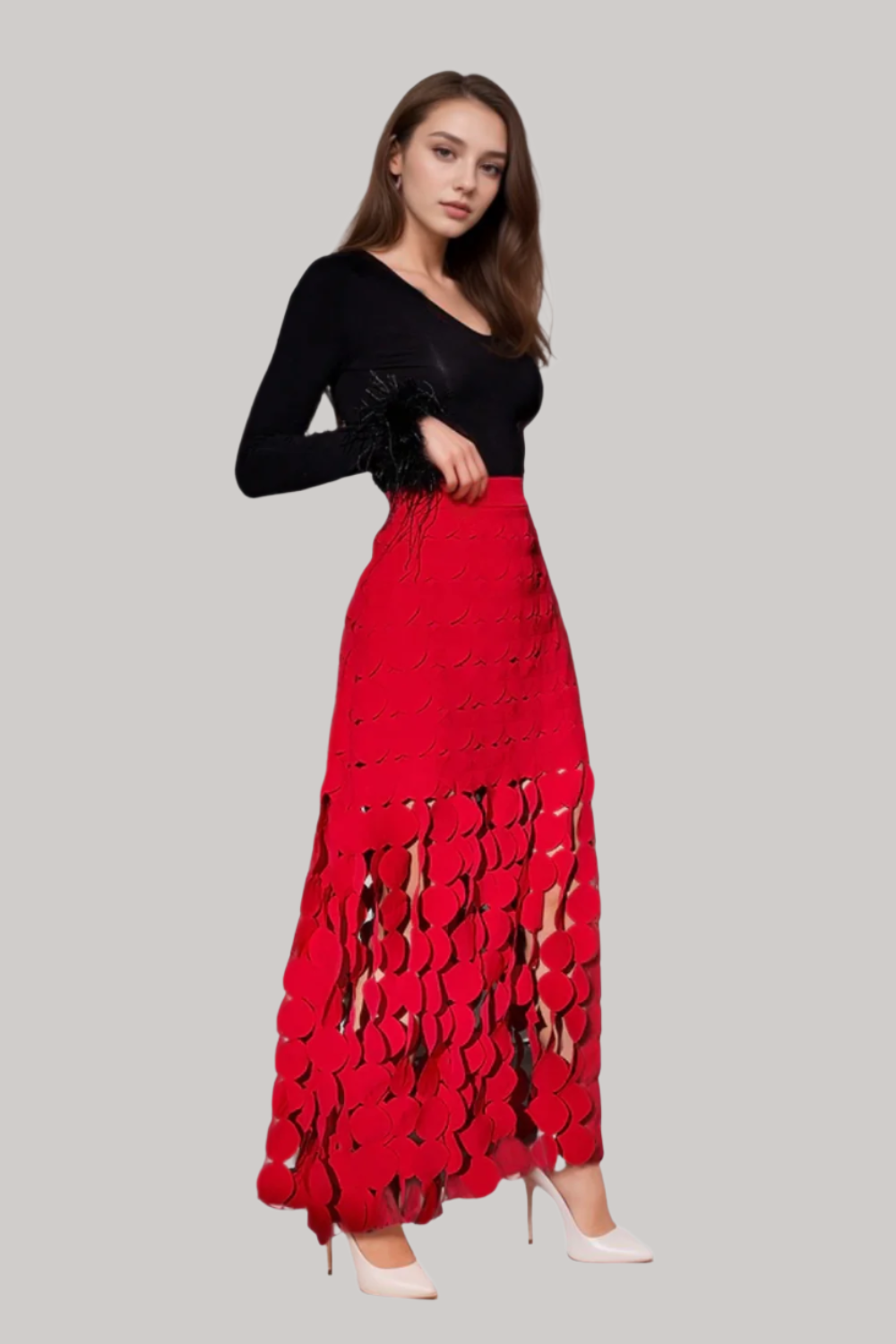 Flowering Girl Women CIRCLE CUTOUT FRINGE SKIRT IN RED