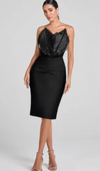 Flowering Girl Women BLACK STRAPLESS LEAVES CORSET MIDI BANDAGE DRESS