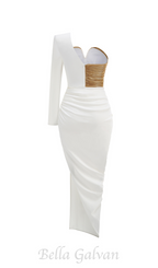 Flowering Girl Women Rose Details High Sut Maxi Dress in gold white
