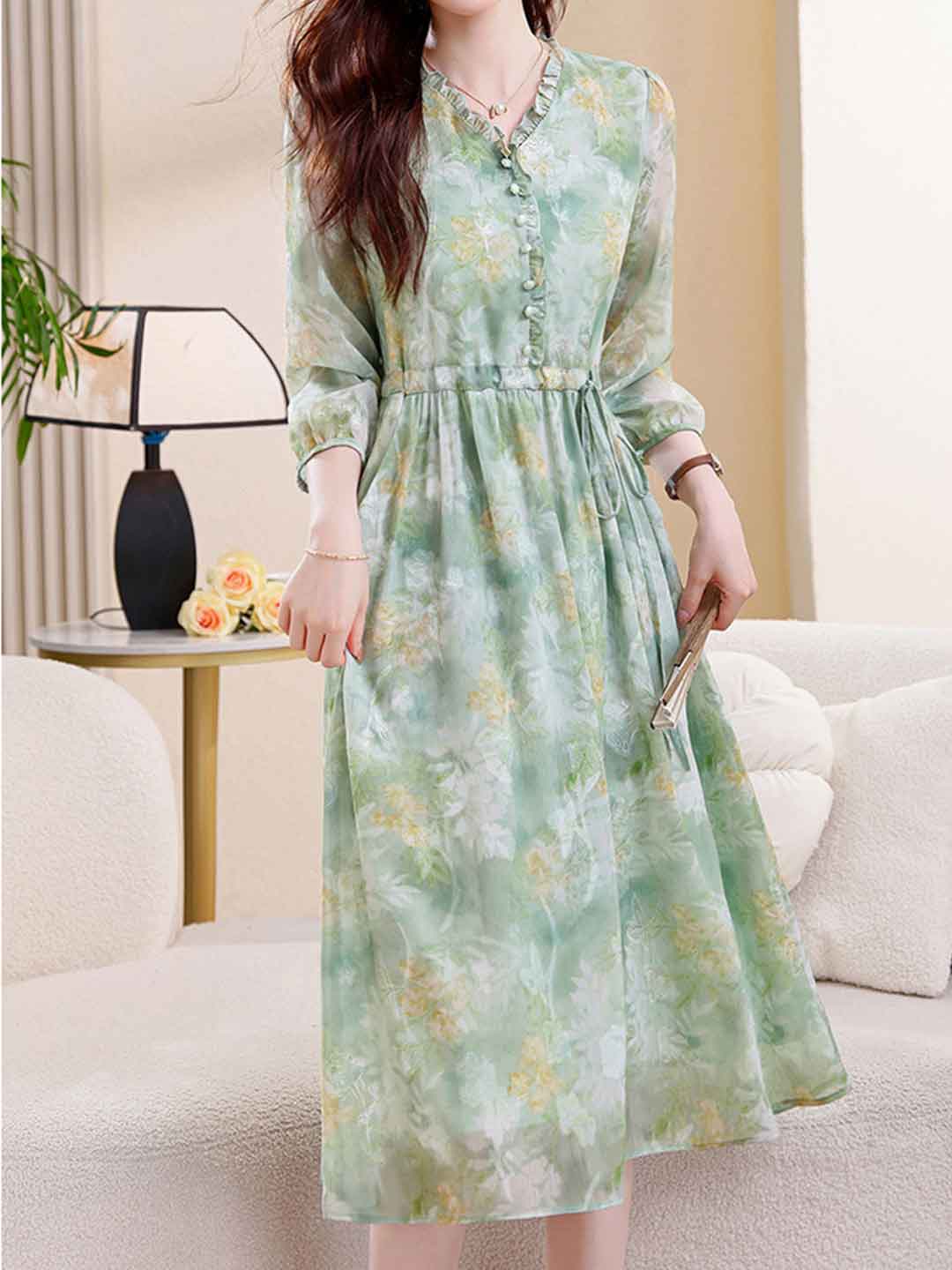 martha Vacation Auricular Collar Jacquard Drawstring Dress