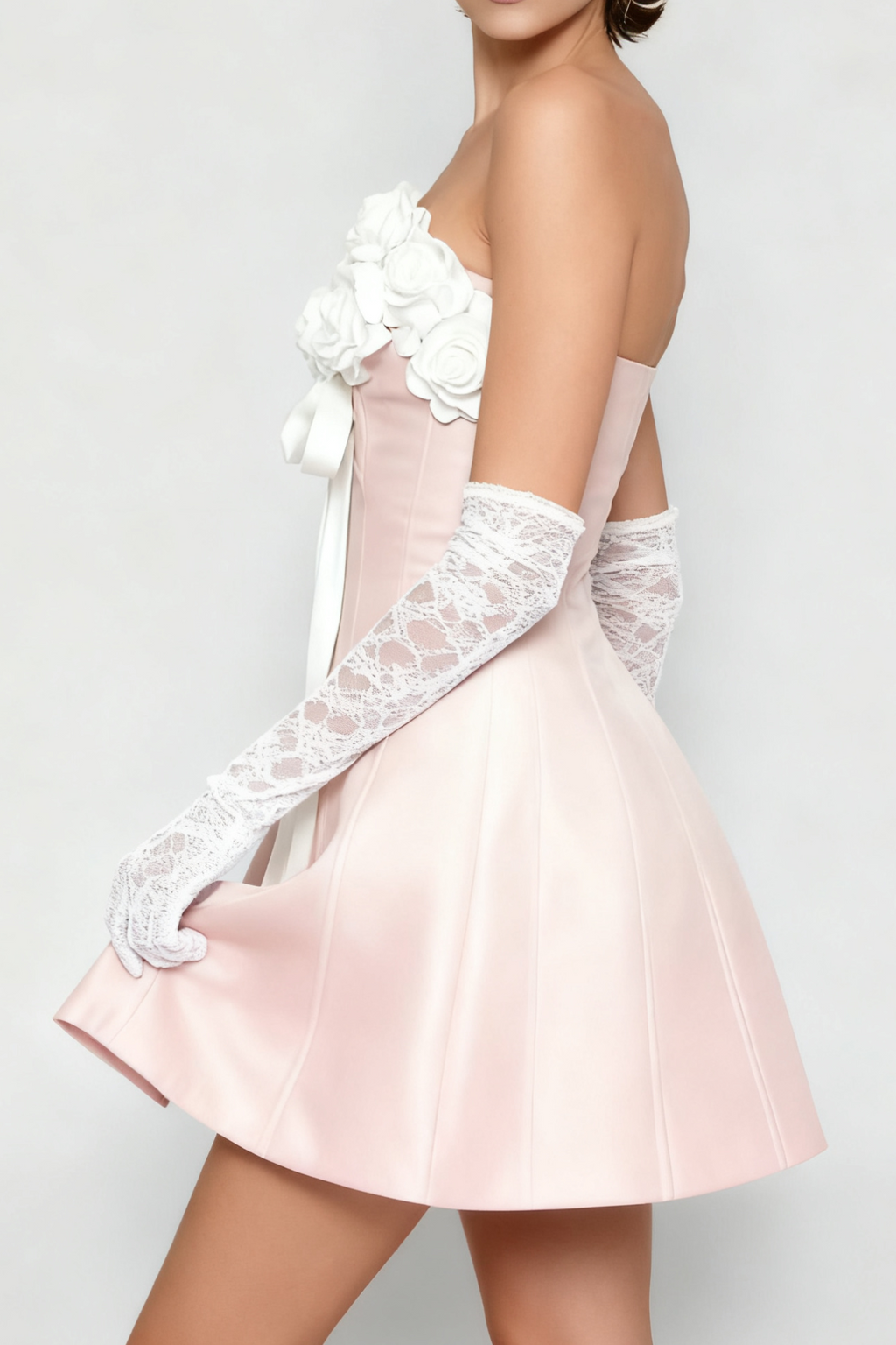 Gladys Strapless 3d Floral Corset A-Line Dress In Pink