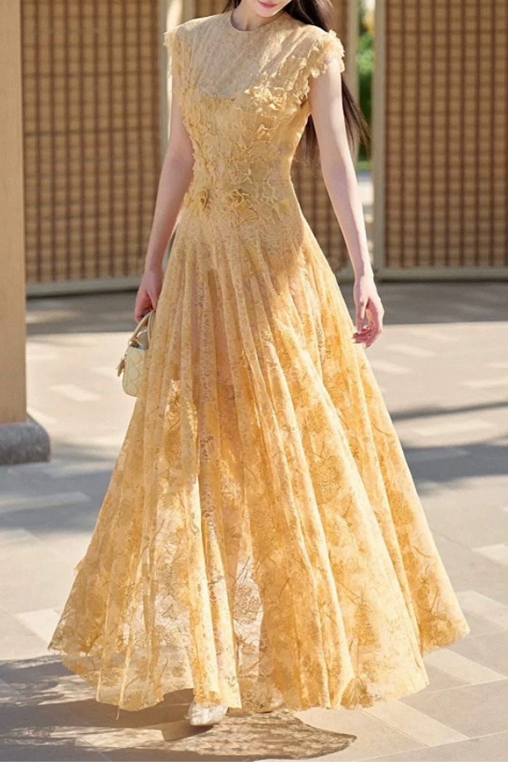 jennifer Lace Flower embellished maxi Dress in yellow