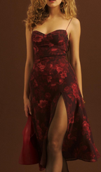 Flowering Girl Women Floral Print Slit Midi Dress In Burgundy