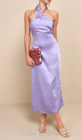 Flowering Girl Women Lavender Satin Halter Slip Midi Dress