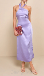 Flowering Girl Women Lavender Satin Halter Slip Midi Dress
