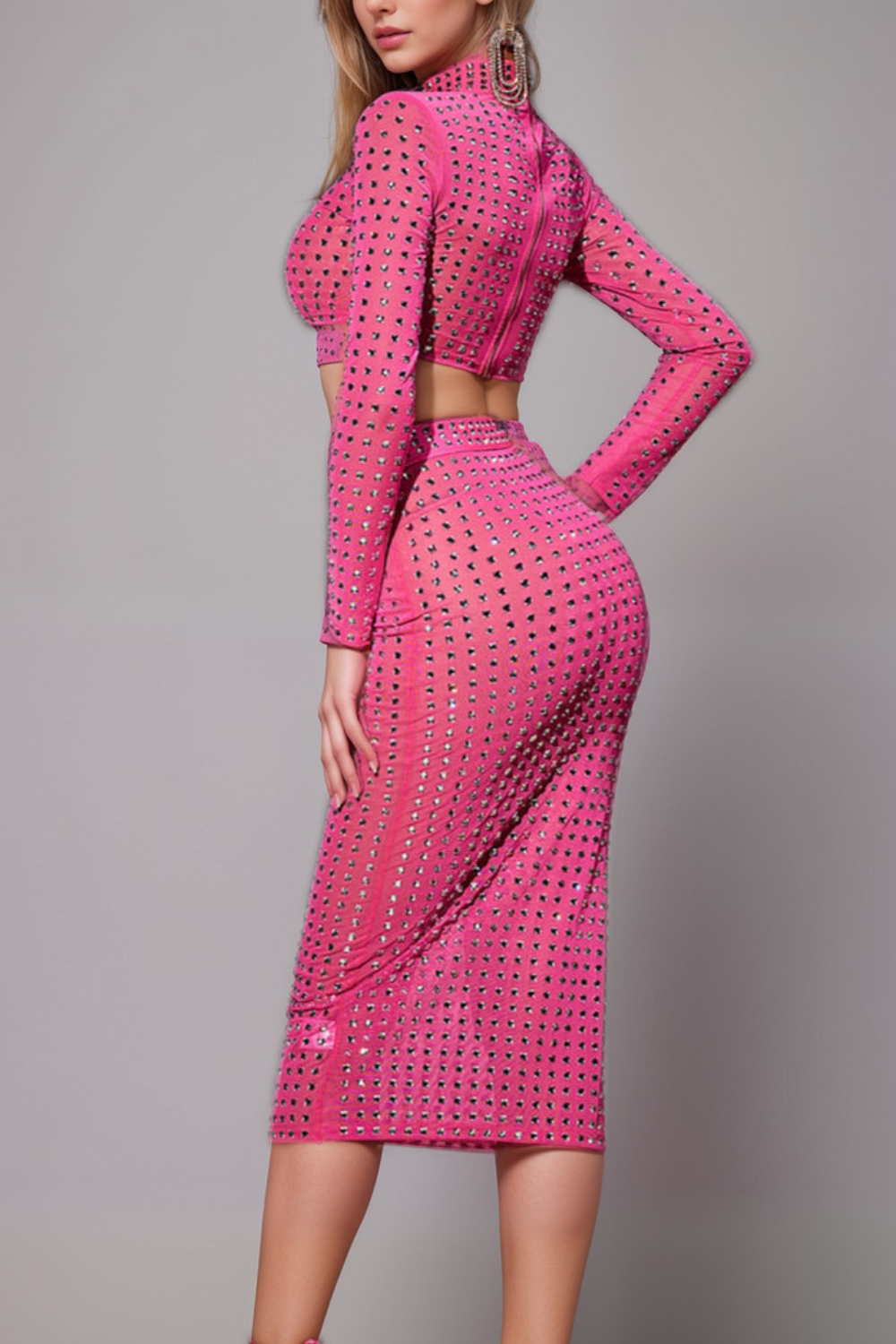 Flowering Girl Women EMBELLISHED SPLIT MESH SKIRT SET IN HOT PINK