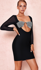 Flowering Girl Women MESH-SLEEVE CRYSTAL BUSTIER BANDAGE DRESS IN BLACK