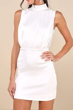 Flowering Girl Women White Satin Sleeveless Mock Neck Mini Dress