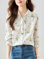 Flowering Girl Women nancy Classic Lapel Embroidered Floral Shirt