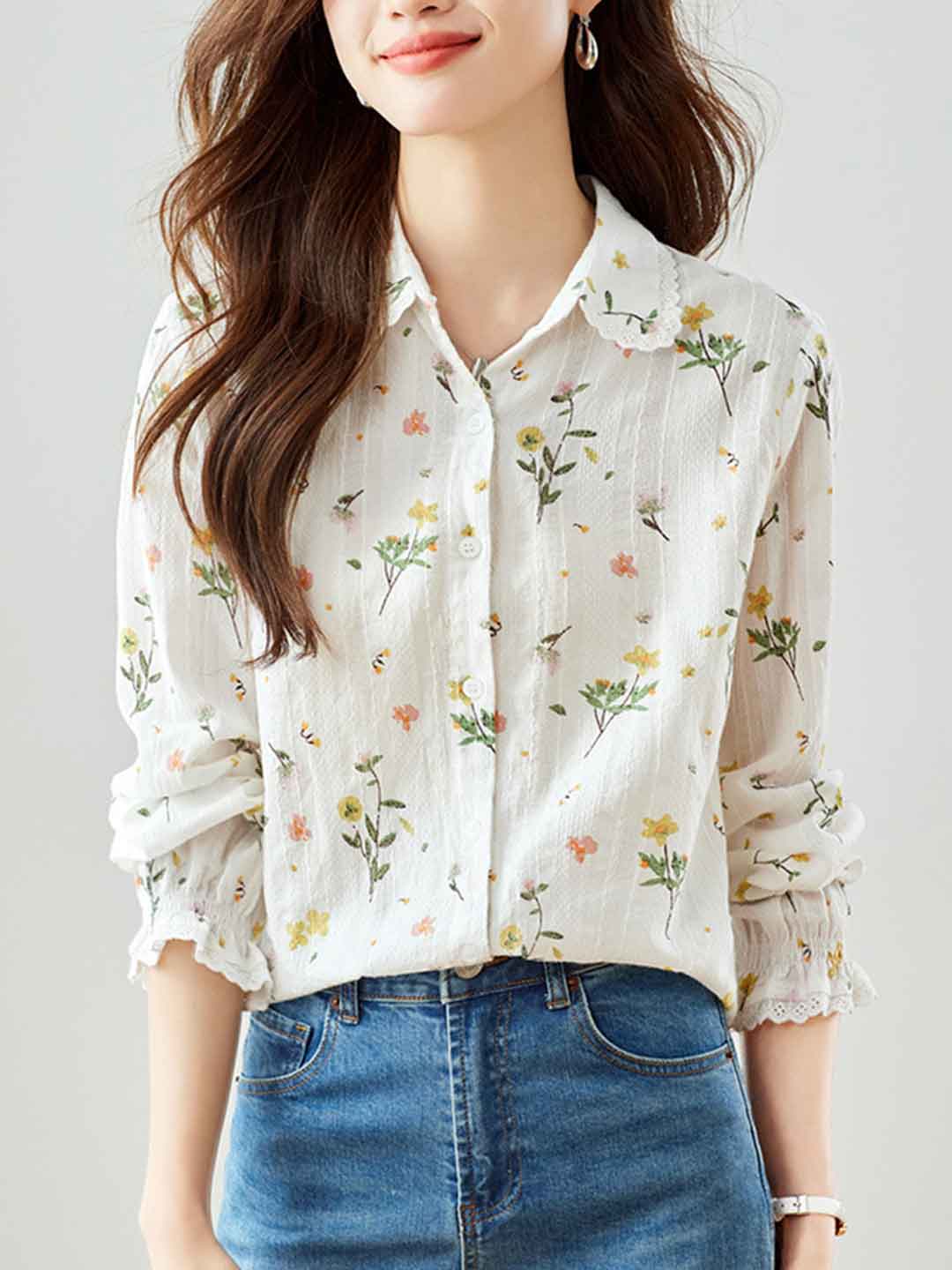Flowering Girl Women nancy Classic Lapel Embroidered Floral Shirt