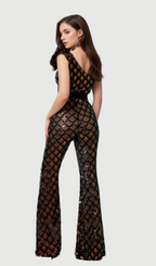 Flowering Girl Women Mermaid Scale Floral One-Shoulder Sequin Jumpsuit