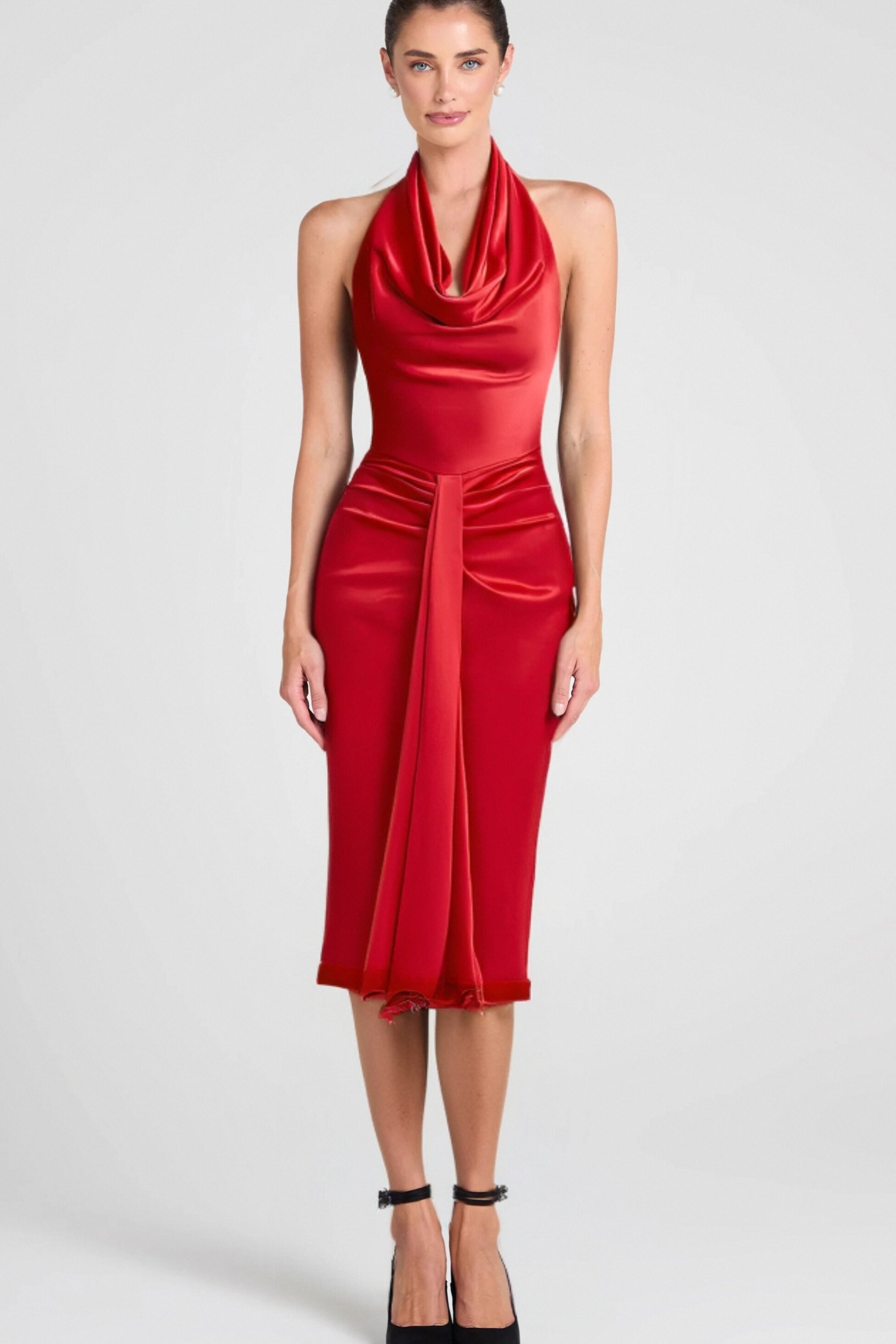 Flowering Girl Women Halter Draped Satin Mermaid Maxi Dress In Red