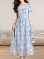 penny Elegant Square Neck Jacquard Waisted Dress