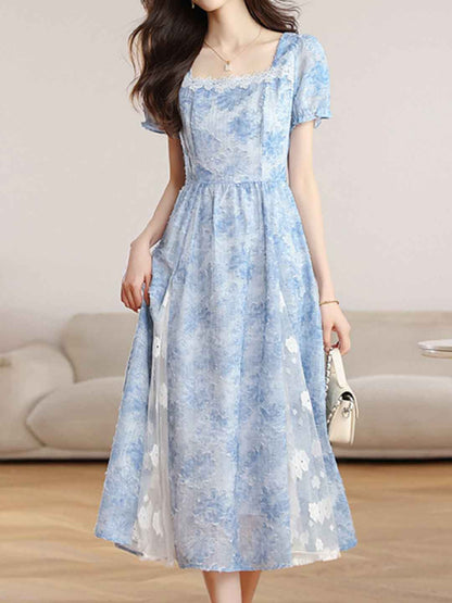 penny Elegant Square Neck Jacquard Waisted Dress