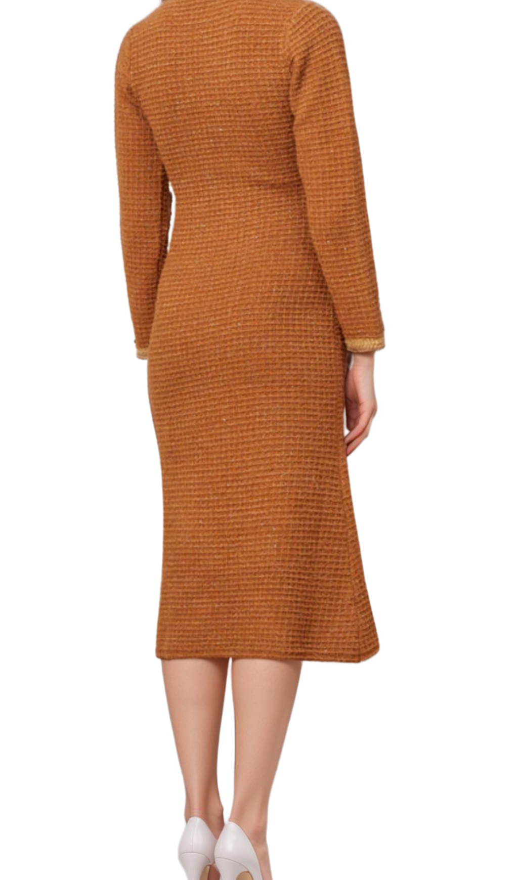 Flowering Girl Women amelia braided-edge tweed midi dress in brown