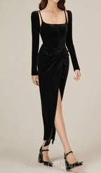 Flowering Girl Women Black Velvet Draped midi Dress