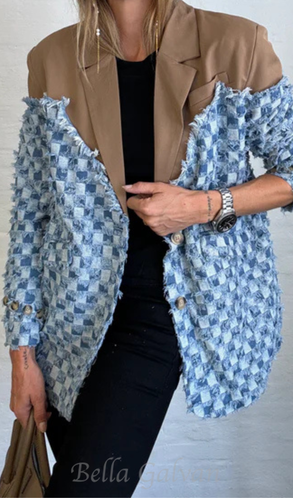 Flowering Girl Women two-tone Denim Checks Blazer in kahki
