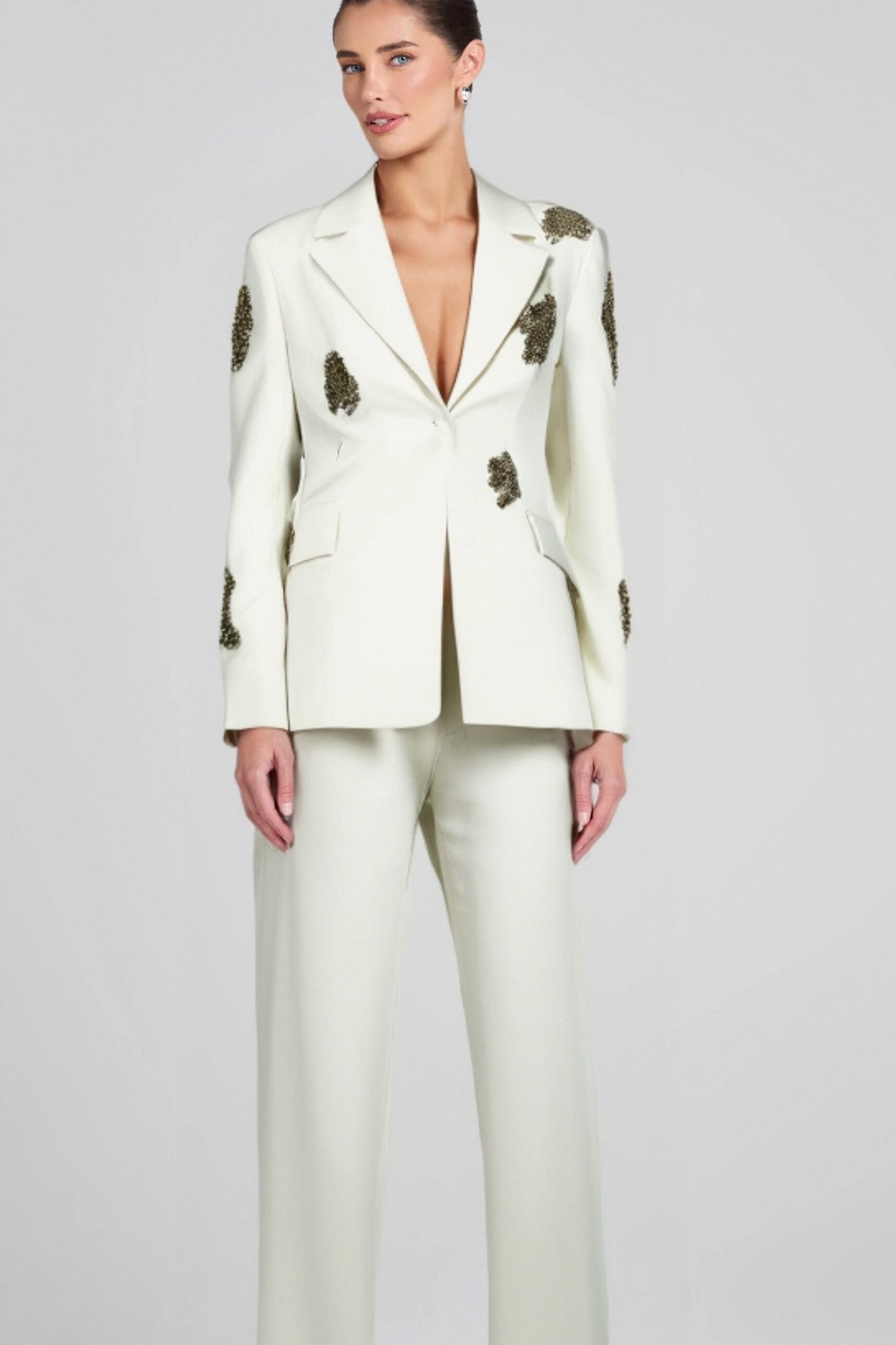 Flowering Girl Women Winee Rhinestones Embellished Blazer Set White