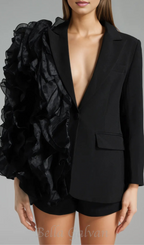Flowering Girl Women Patchwork Ruffles Chic Blazer in black