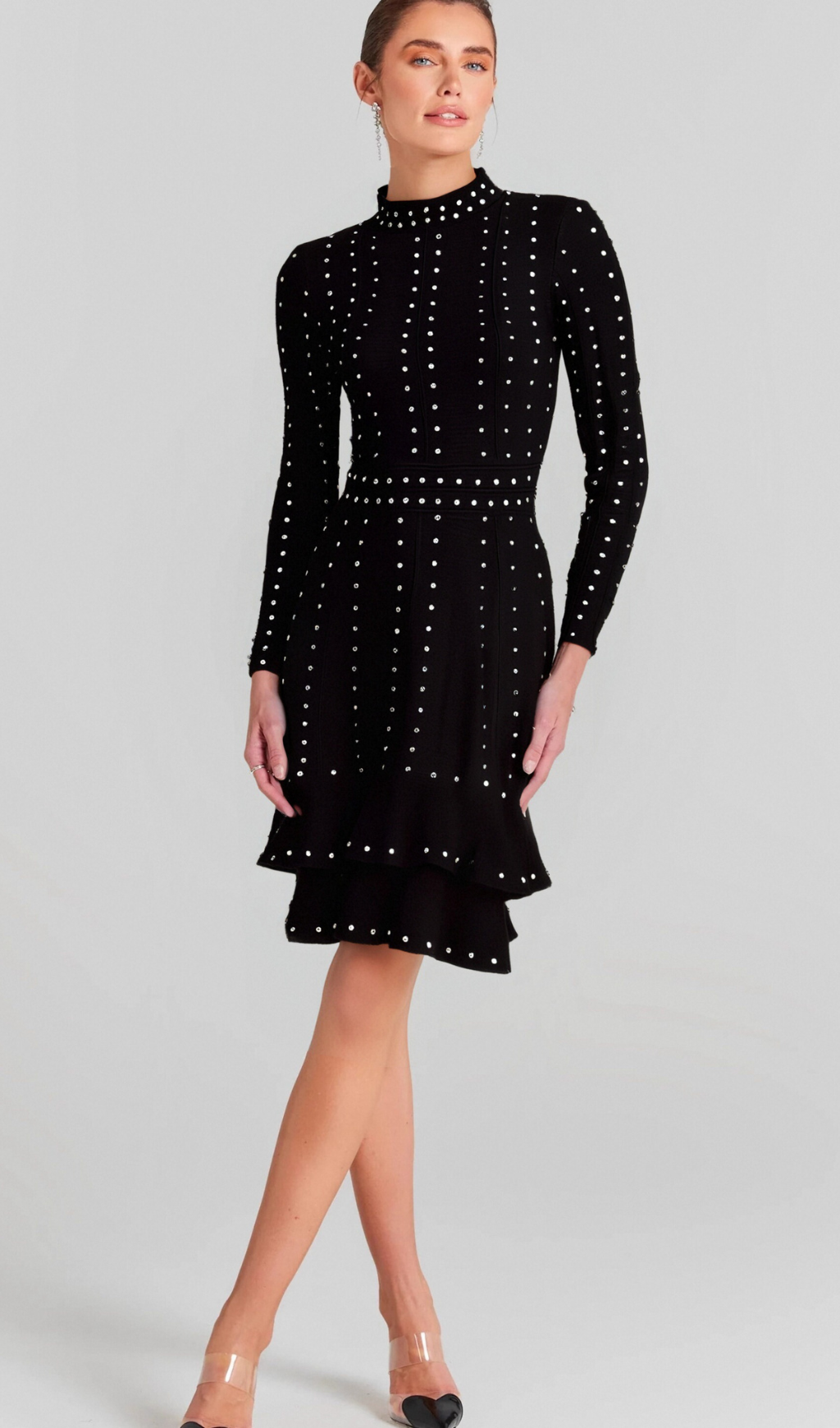 Flowering Girl Women Fabienne black embellished ruffled knitted mini dress