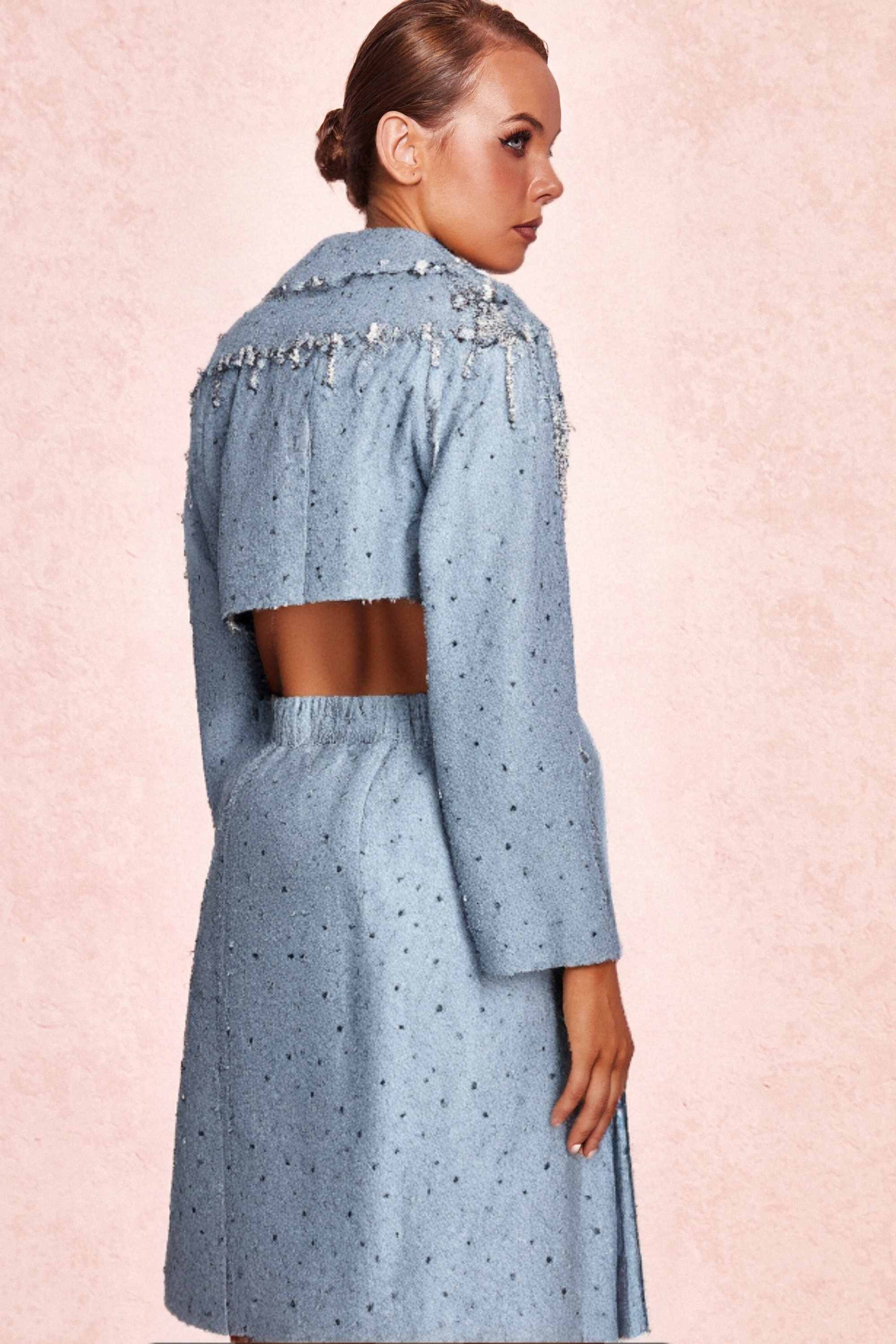 Flowering Girl Women Bertha Pearl Cutout Tuxedo Blazer Dress In Blue