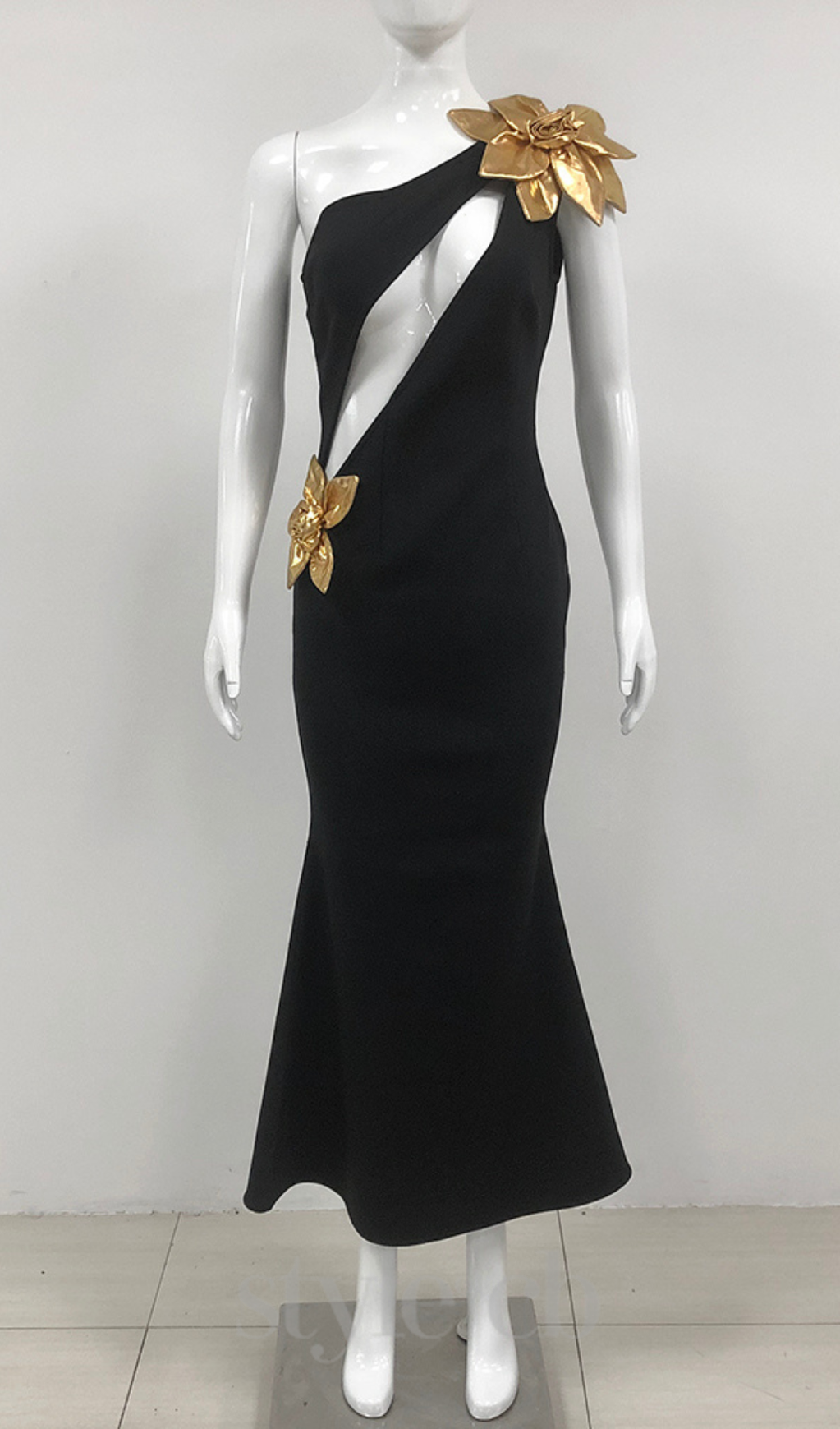 Flowering Girl Women Eunice Gold 3D Flower Cut Out Black Maxi Dress