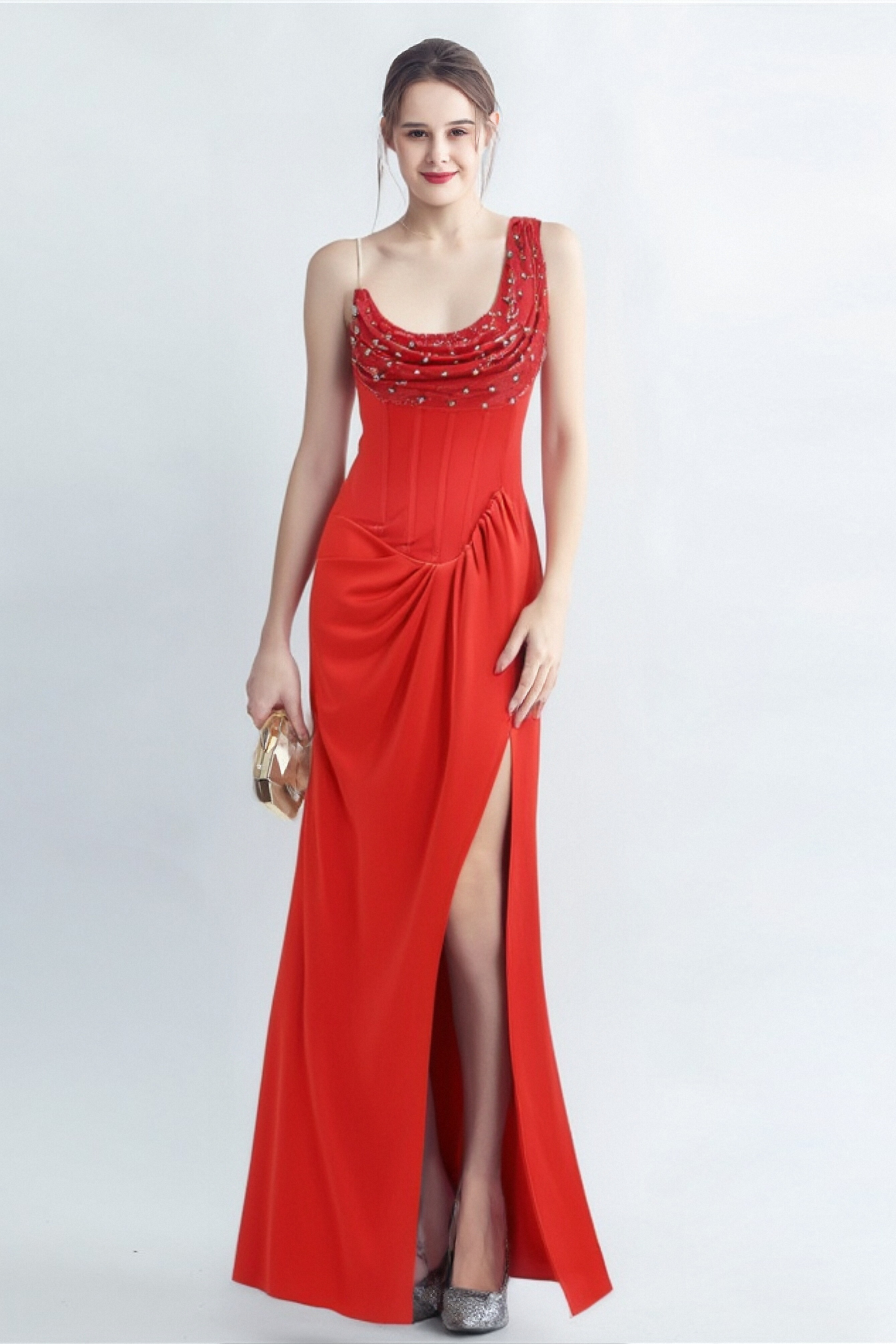 Flowering Girl Women Elma One-Shoulder Crystal Detail High Slit Maxi Dress In Red