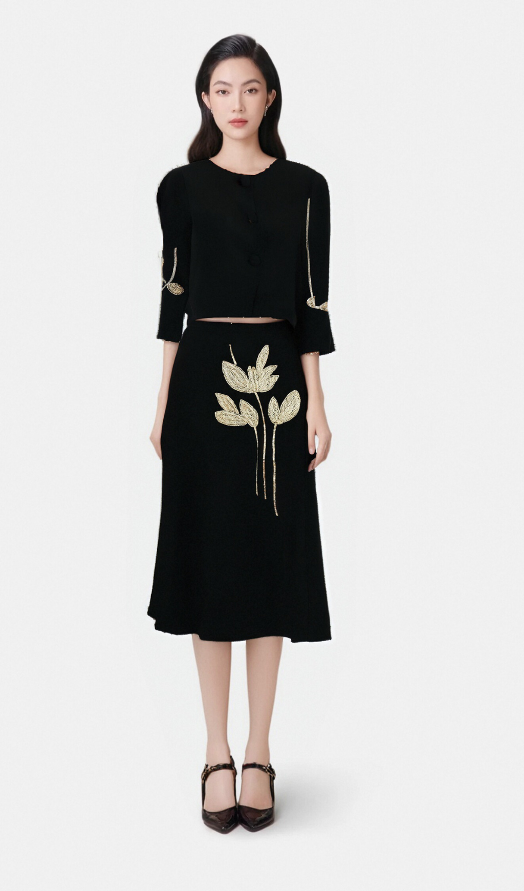 Flowering Girl Women Pauline black floral-appliqué jacket & skirt matching set