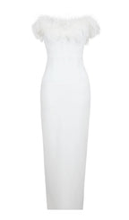 FEATHER BODYCON MAXI DRESS IN WHITE