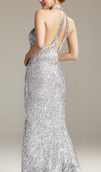 Flowering Girl Women BARBARA HALTER SEQUIN MAXI DRESS IN SILVER