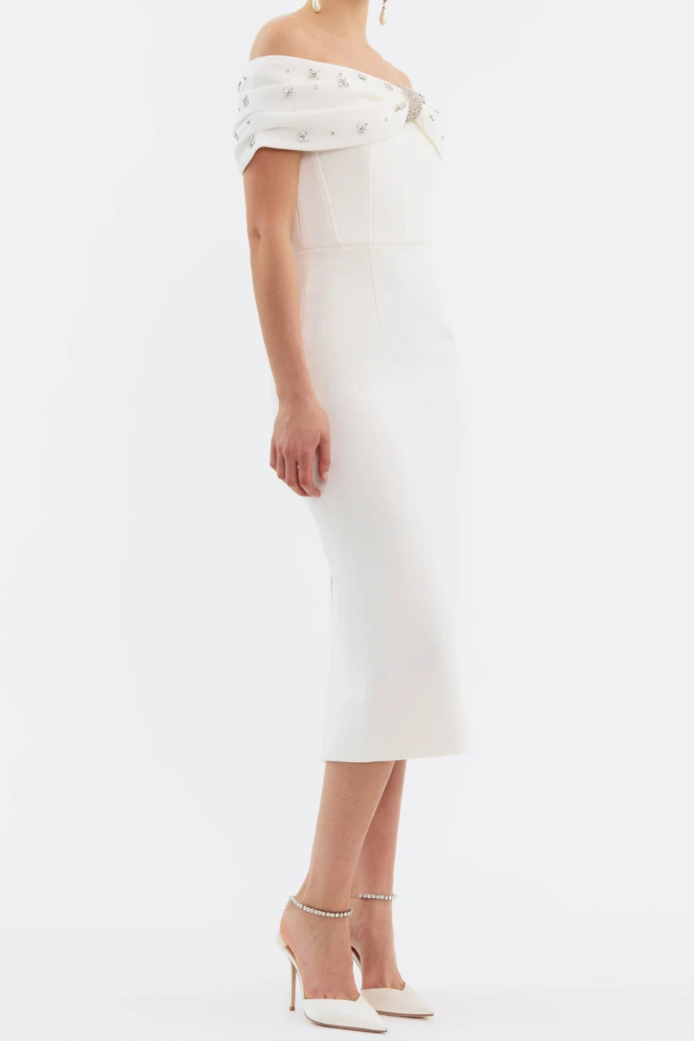 beulah Off-shoulder beaded diamond midi dress in white