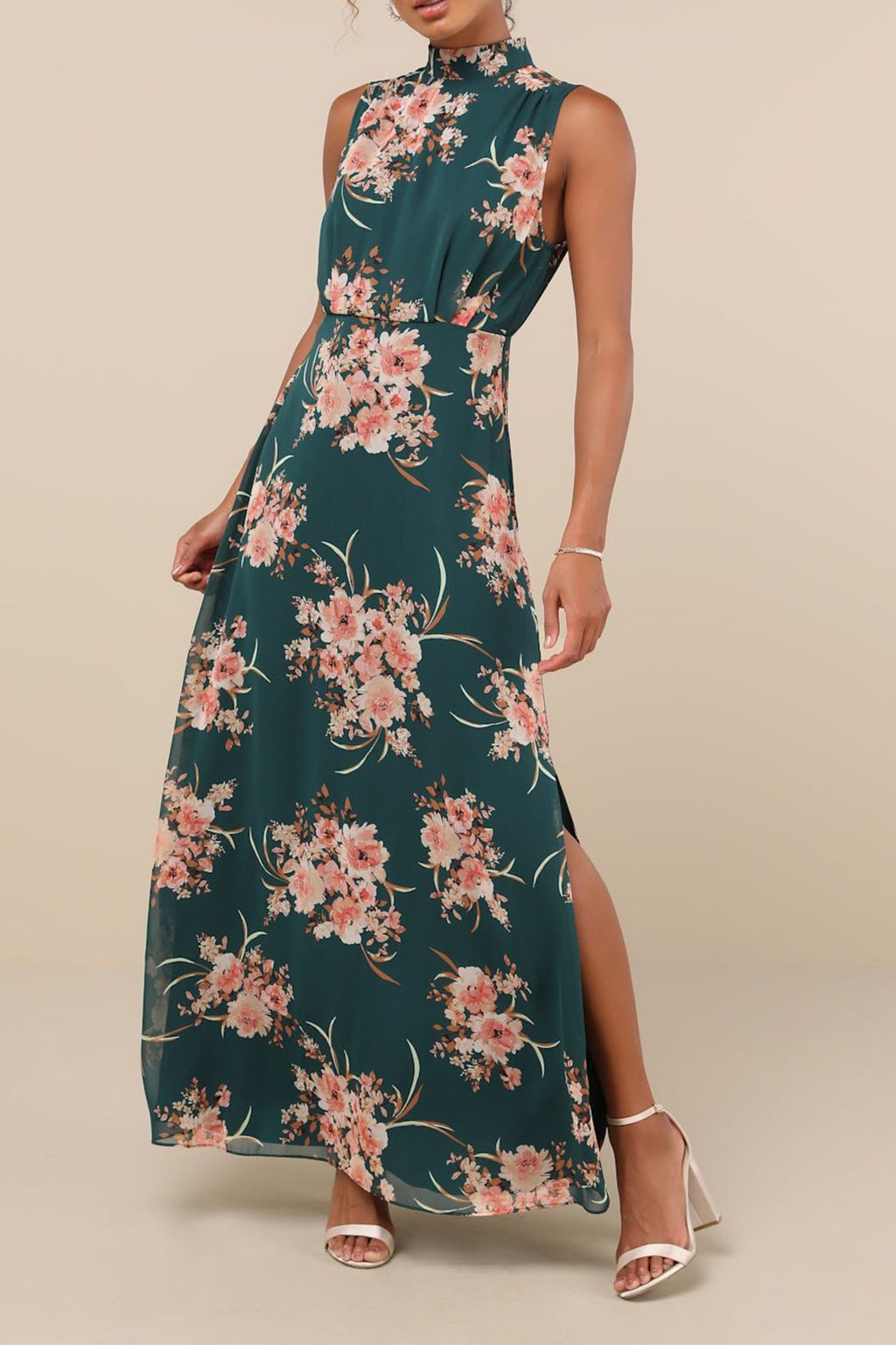 Flowering Girl Women Emerald Floral Mock Neck Maxi Dress