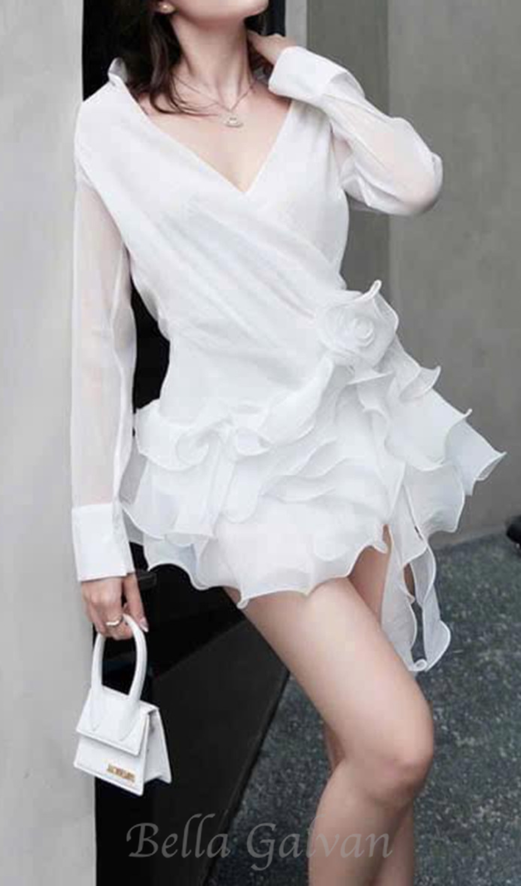 Flowering Girl Women flower ruffle ribbon mini dress in white