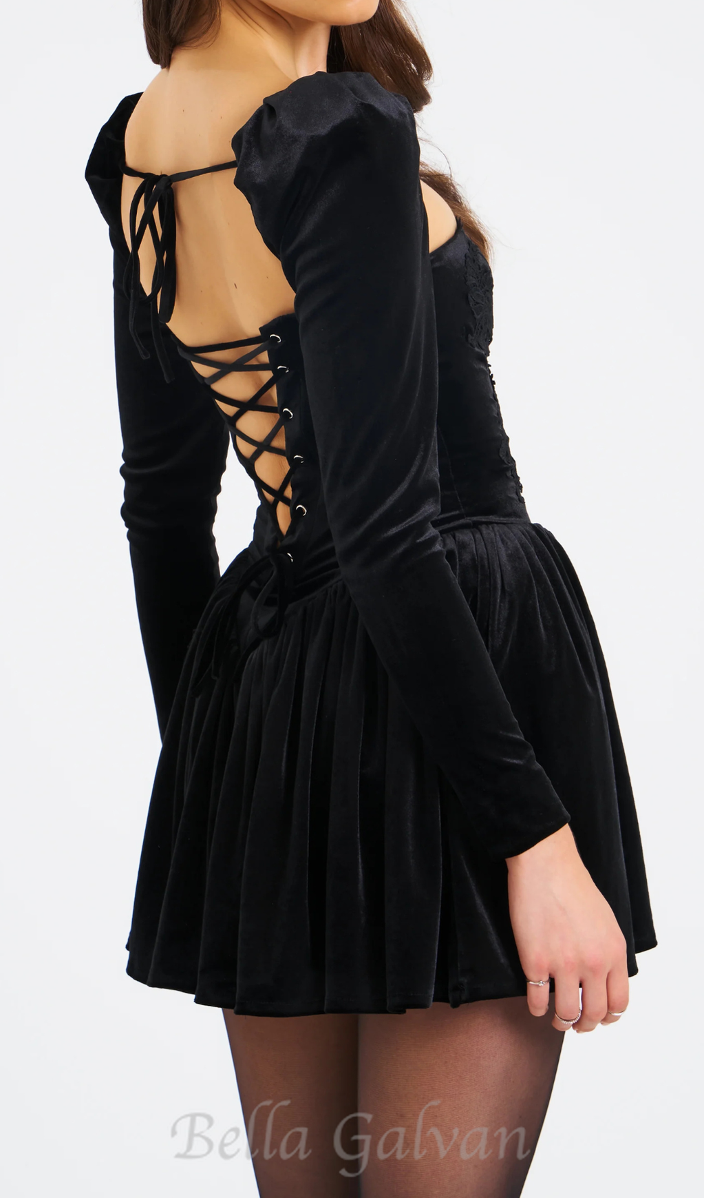 Flowering Girl Women Yolanda Black Velvet Long Sleeve Mini Dress with Lace Trim