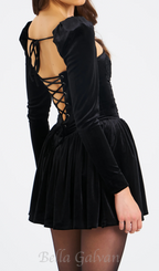Flowering Girl Women Yolanda Black Velvet Long Sleeve Mini Dress with Lace Trim