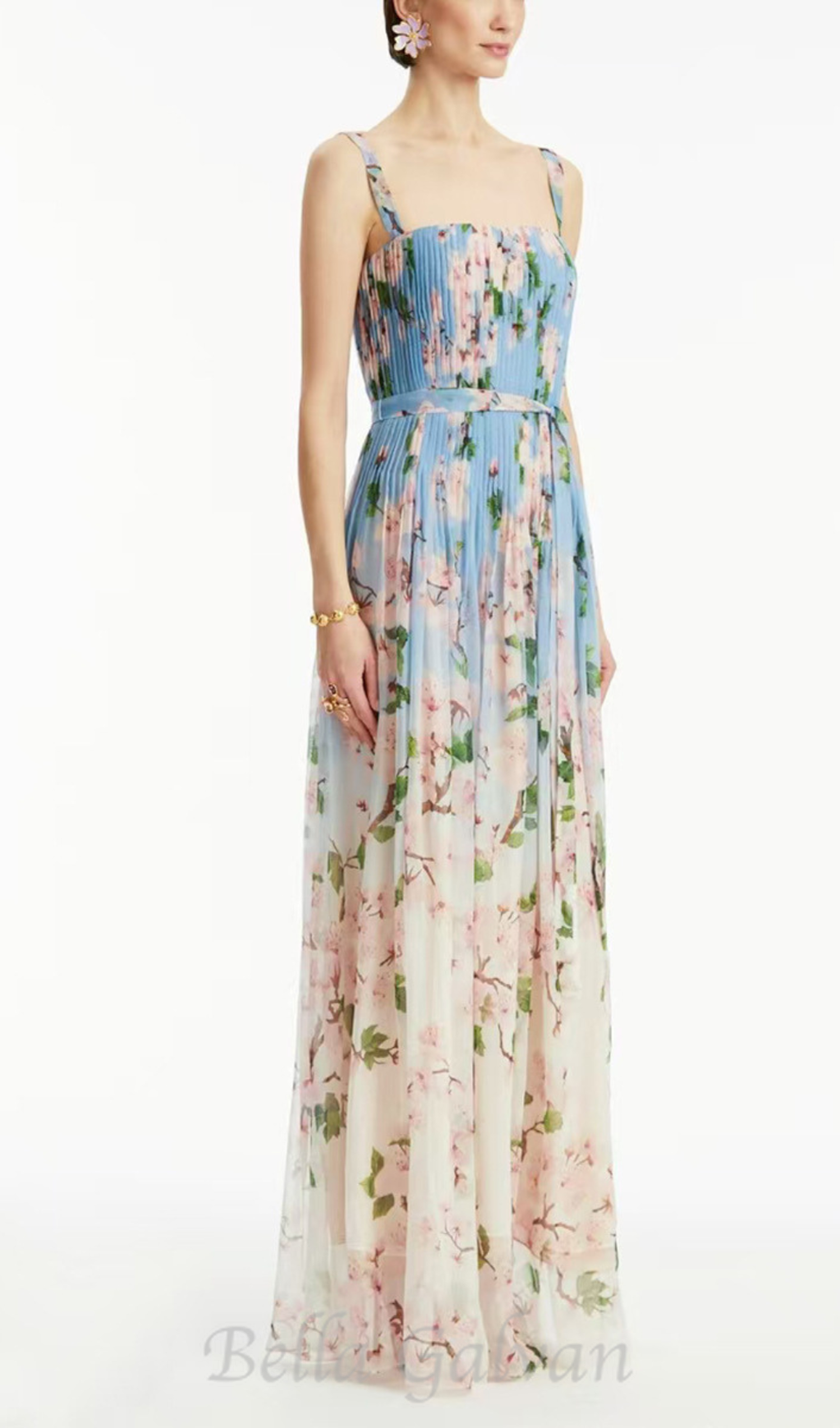 Flowering Girl Women xaviera pleated silk chiffon gown in blue