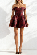 Jacquard Slim Waist Strapless Puffy Mini Dress In Wine Red