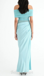Flowering Girl Women Off Shoulder Ruched Mesh Maxi Dress in Blue