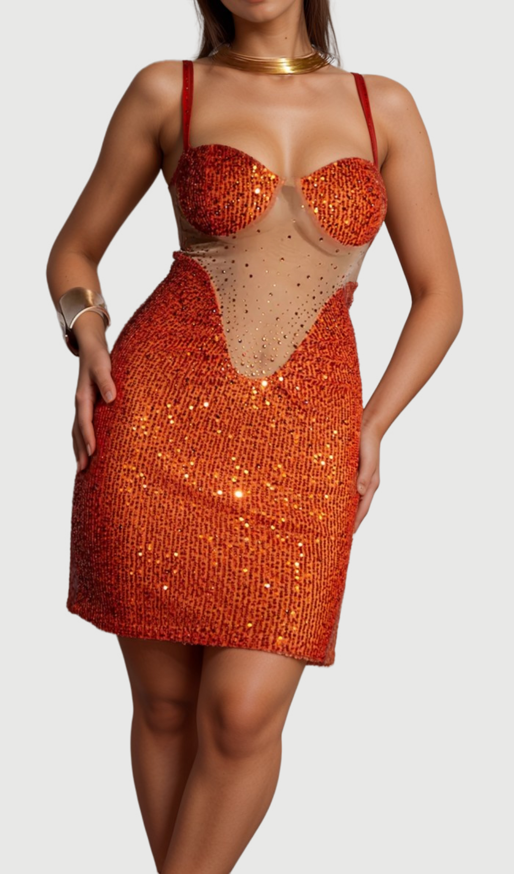 Flowering Girl Women SOPHIA ORANGE SPAGHETTI SEQUIN MINI DRESS