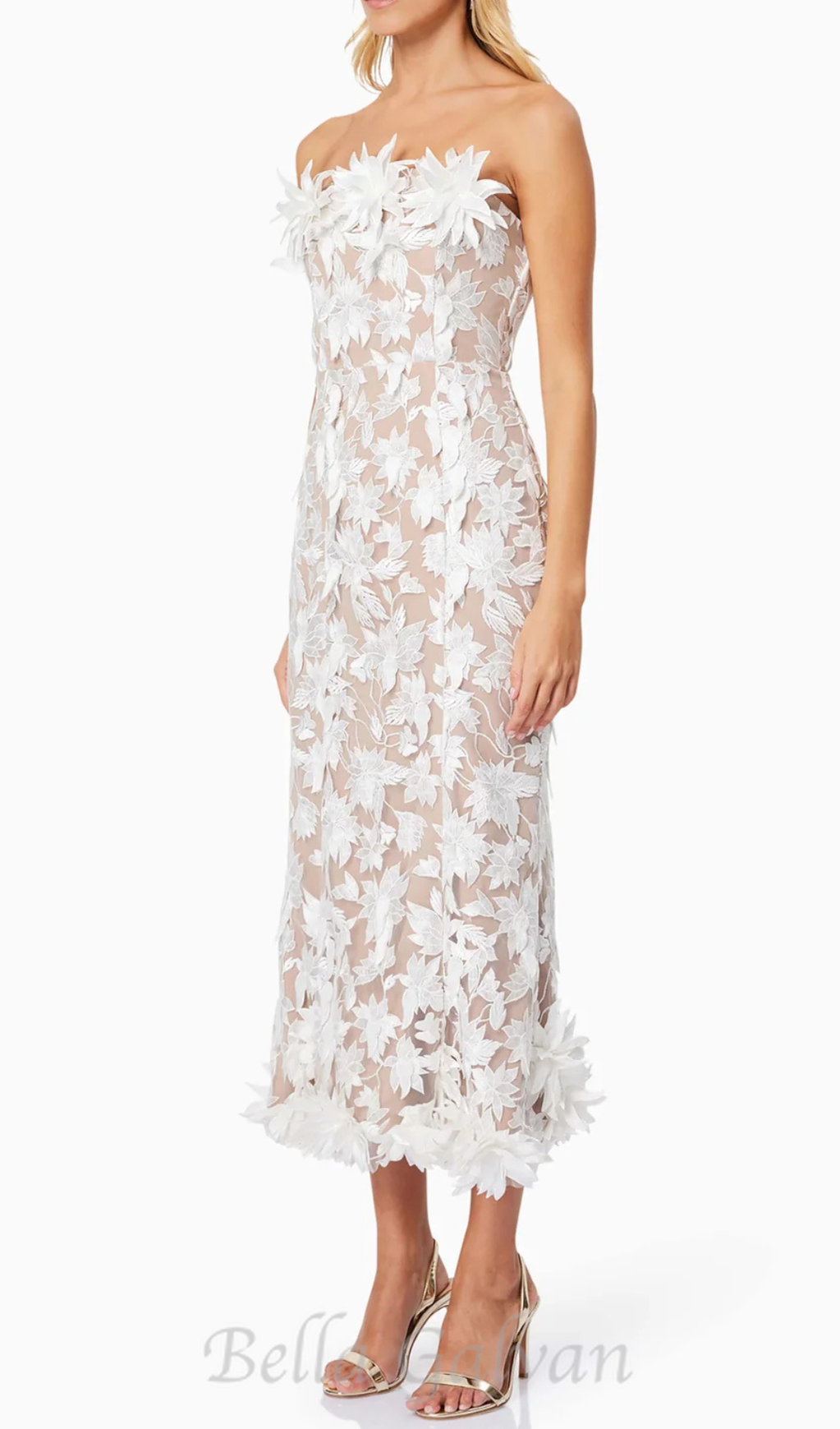 Flowering Girl Women 3D flower embroidery strapless midi dress in beige