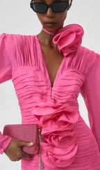 Flowering Girl Women V Neck Pink Ruched Mini Dress