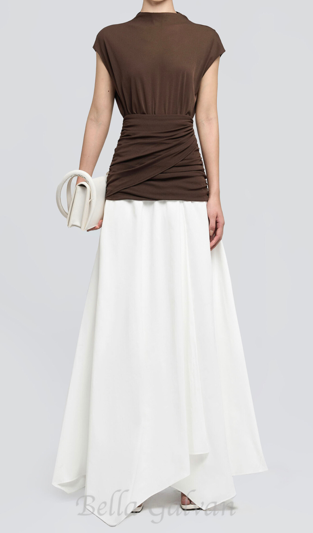 Flowering Girl Women brown Waist cross pleats midi dress with asymmetric hemline