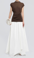 Flowering Girl Women brown Waist cross pleats midi dress with asymmetric hemline