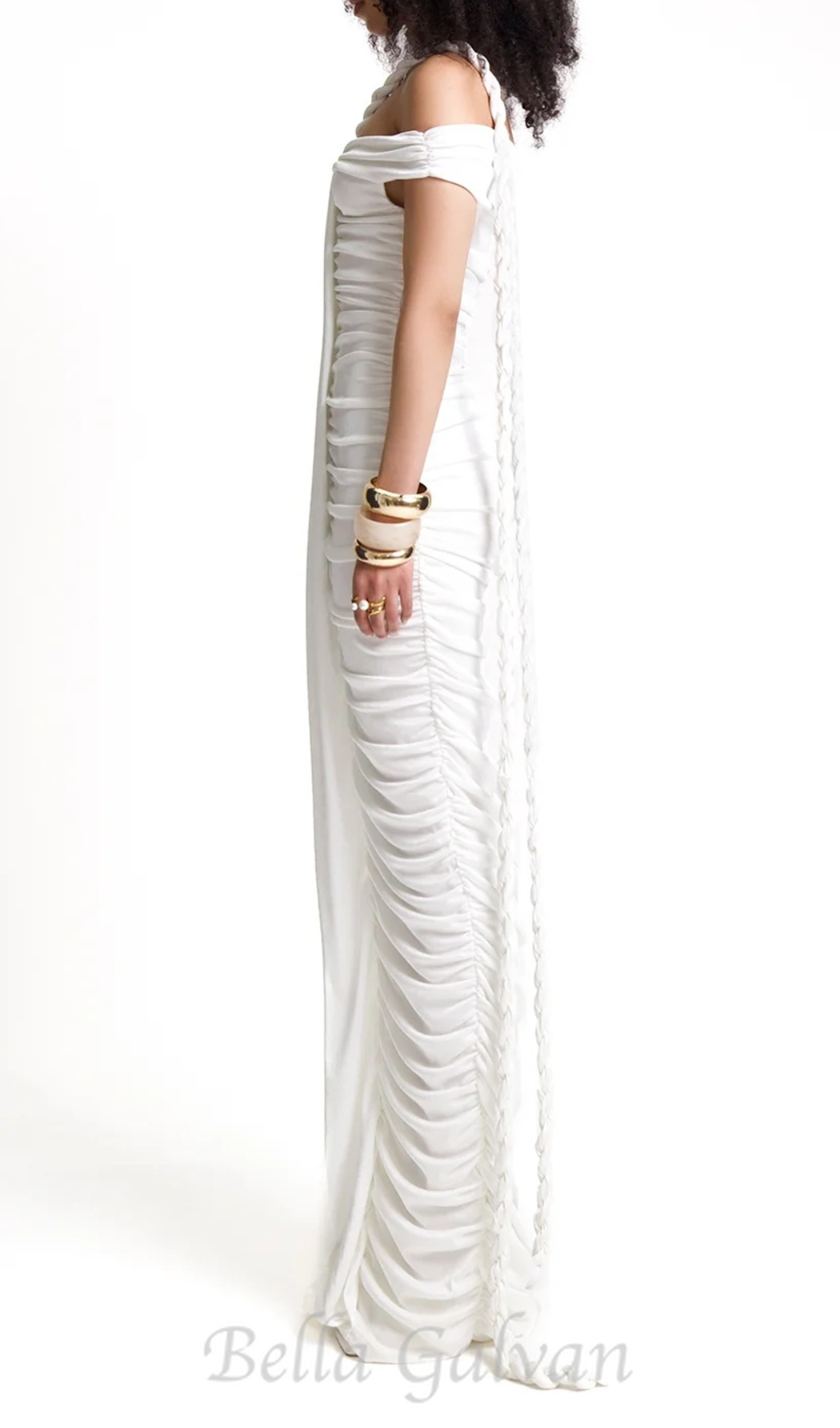 Flowering Girl Women cara white off-shoulder ruched bodycon maxi dress with rope embellished