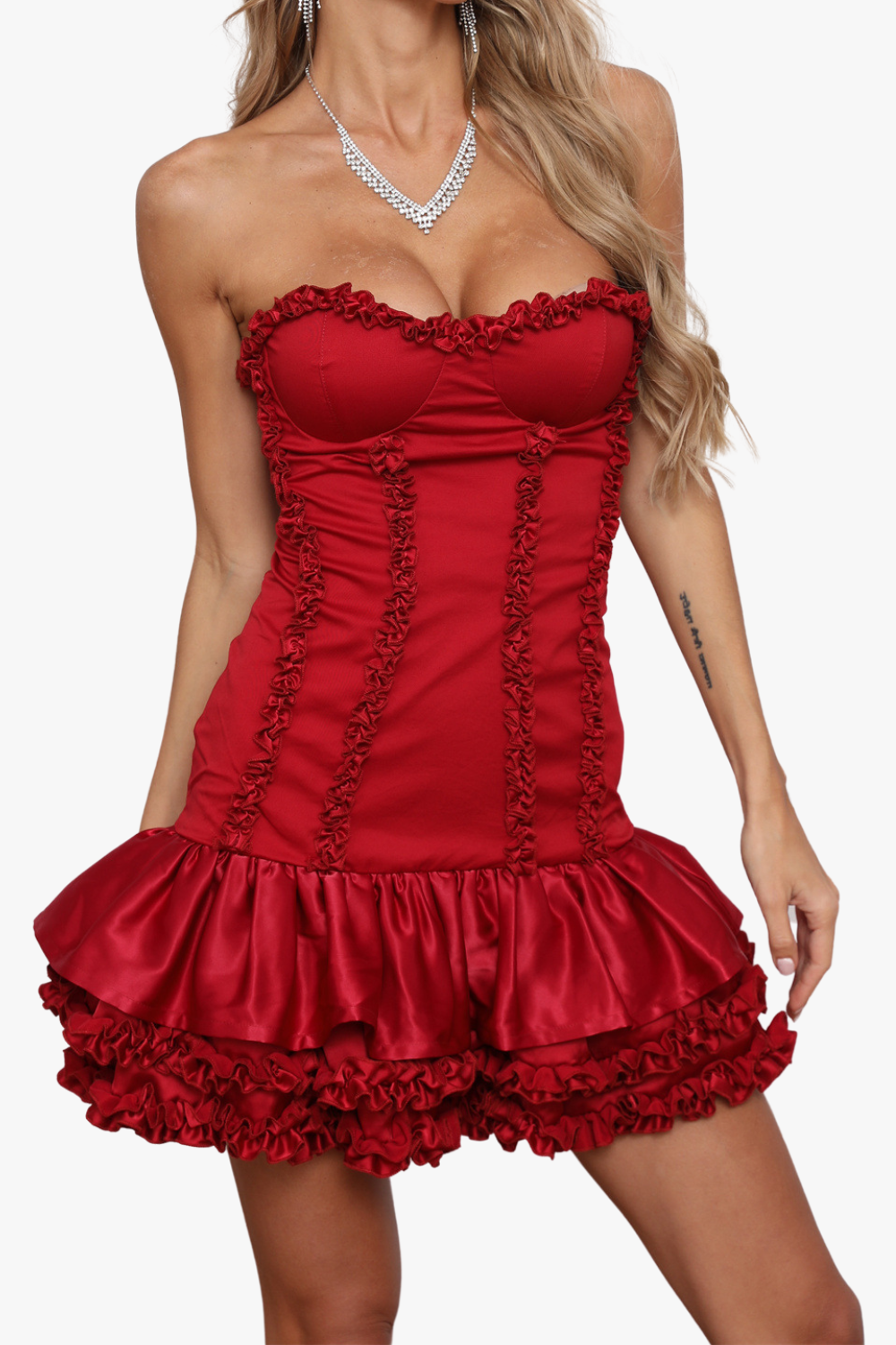 Flowering Girl Women sally ruffle trim strapless mini dress in red