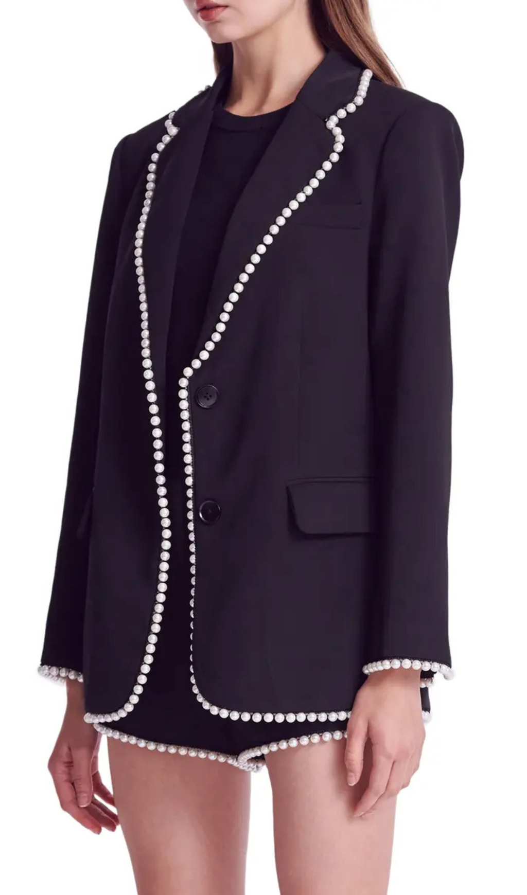 Flowering Girl Women Imitation Pearl Trim Blazer In Black