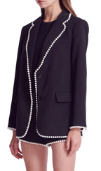 Flowering Girl Women Imitation Pearl Trim Blazer In Black
