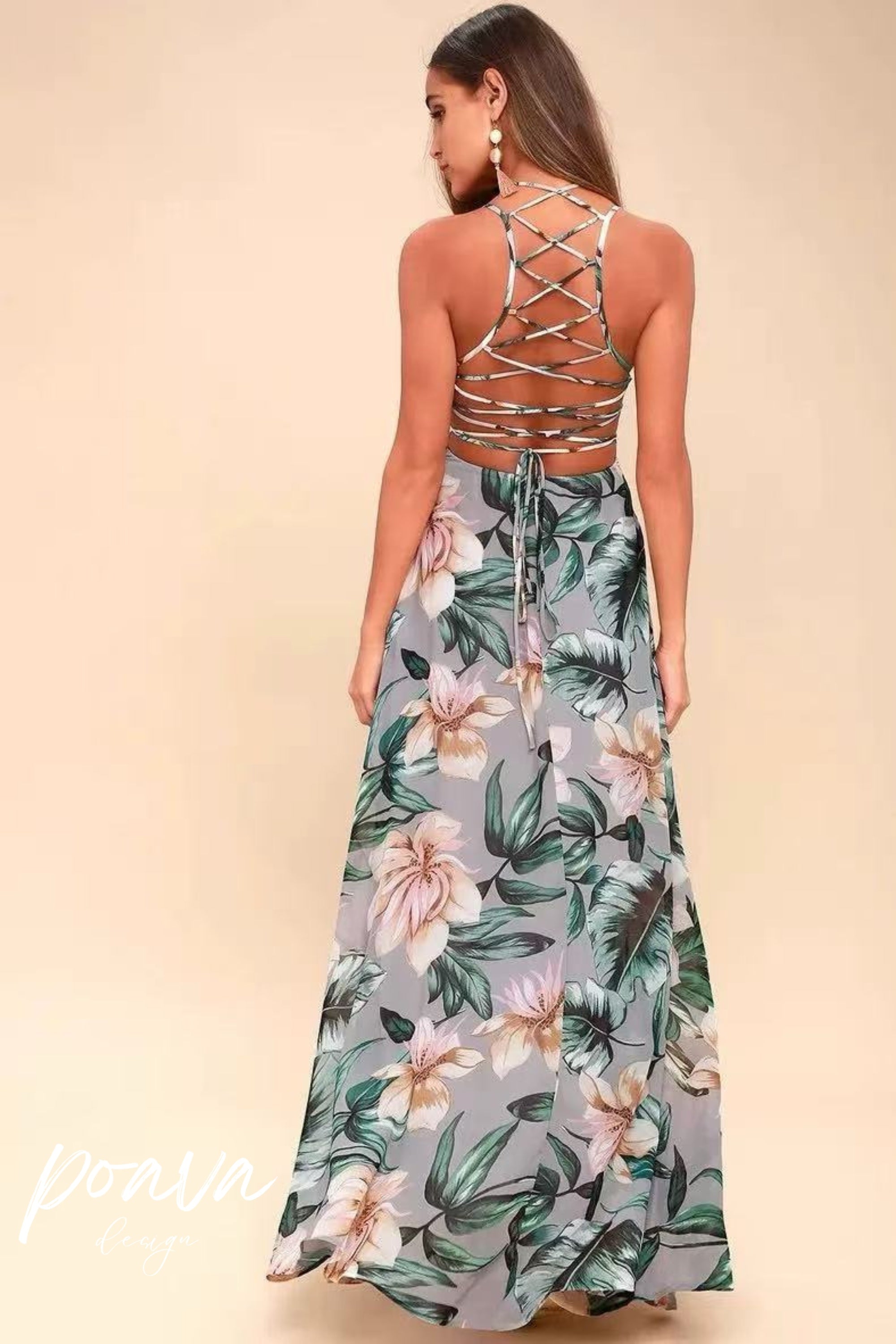 Flowering Girl Women Grey Floral Print Lace-Up Maxi Dress