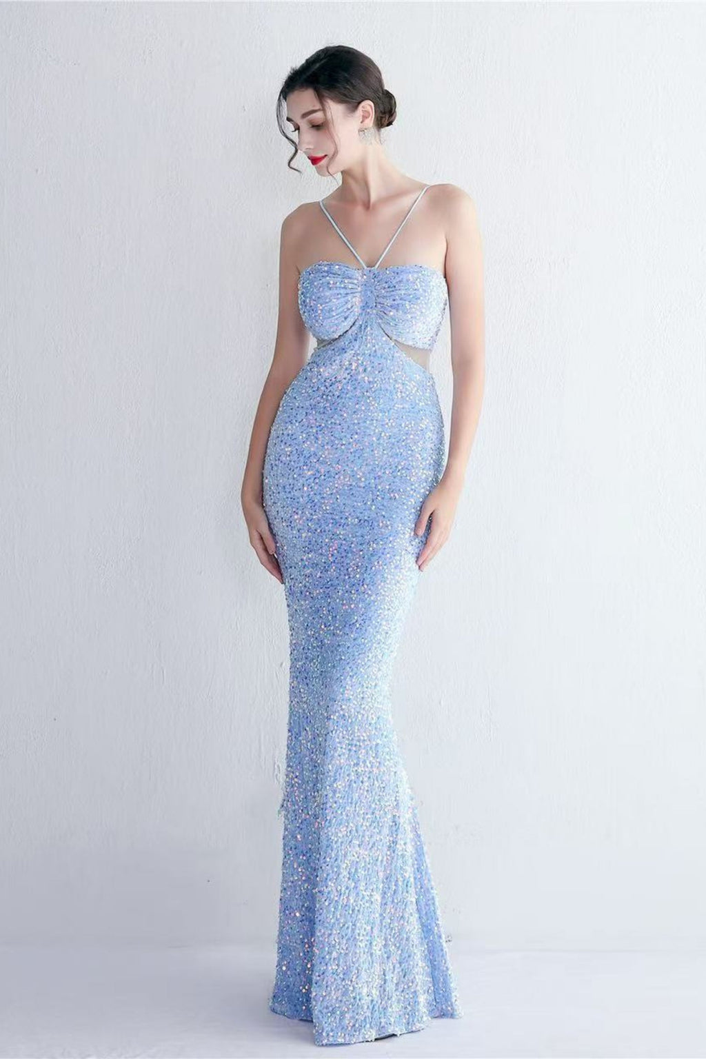Flowering Girl Women MARIAN BLUE CUTOUT SEQUINS HALTER MAXI DRESS